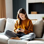 A woman in her late 20s, dressed in a modest, comfortable long-sleeve blouse and trousers, sitting cross-legged on a plush sofa in a sunlit, contemporary living room. She is fully absorbed in her smartphone, held delicately in her hands, its screen casting a soft glow on her face. Her expression conveys a subtle mix of excitement and anticipation, as if just about to complete a spontaneous online purchase during a flash sale. The background features blurred modern furniture and a warm, inviting atmosphere, implying a typical home setting. safe for work, appropriate content, fully clothed, family-friendly, perfect anatomy, correct proportions, natural pose, well-formed hands, proper finger count, natural body proportions, professional photography, high quality, soft focus.