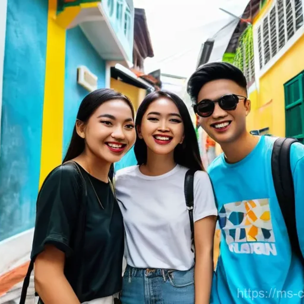 소비자 행동에서 감정적 요소 - **Prompt: Urban Trendsetters and FOMO**
A vibrant, eye-level shot of a group of three young Mala...