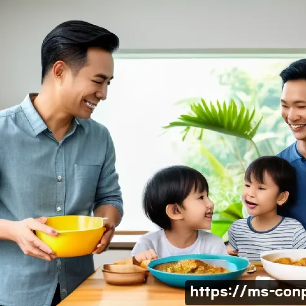사회적 영향을 받는 소비자 심리 - A warm and cozy Malaysian family scene in a modern home kitchen, featuring parents and two children ...
