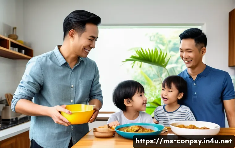 사회적 영향을 받는 소비자 심리 - A warm and cozy Malaysian family scene in a modern home kitchen, featuring parents and two children ...