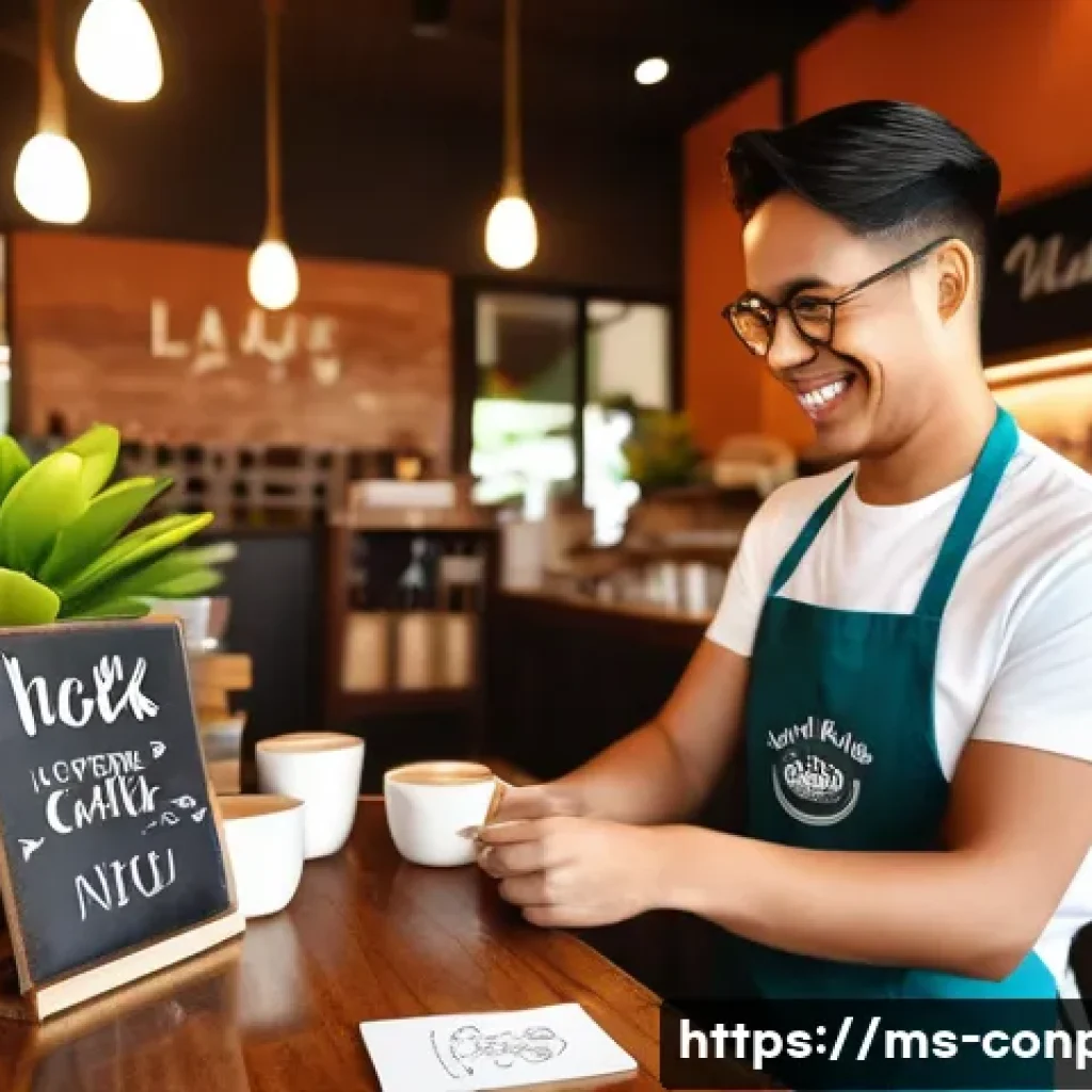 소비자 신뢰와 감정적 요인 - A cozy local Malaysian coffee shop interior scene featuring a friendly barista warmly greeting a reg...