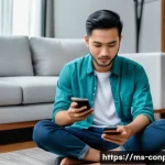 소비자 감정 피로도 - A modern Malaysian young adult sitting in a cozy, minimalist living room, scrolling on a smartphone ...