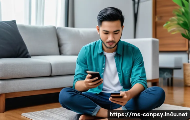 소비자 감정 피로도 - A modern Malaysian young adult sitting in a cozy, minimalist living room, scrolling on a smartphone ...
