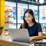 소비자의 감정적 리스크 인식 - A detailed digital marketplace scene showing a Malaysian woman in her 30s shopping online using a la...