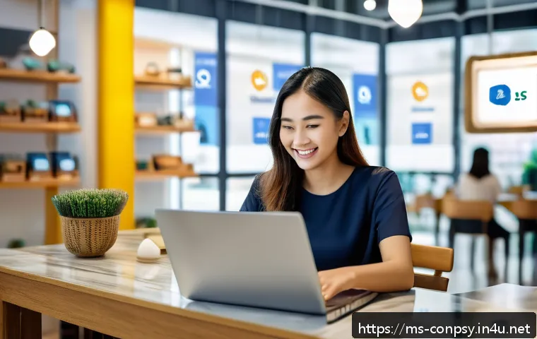 소비자의 감정적 리스크 인식 - A detailed digital marketplace scene showing a Malaysian woman in her 30s shopping online using a la...